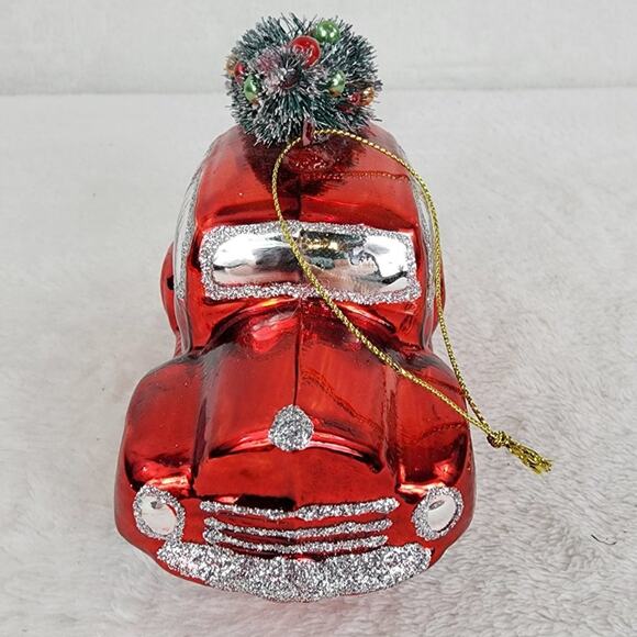 Blown Glass Ornament Red Car with Bottlebrush Christmas Tree On Top EUC - Picture 4 of 5